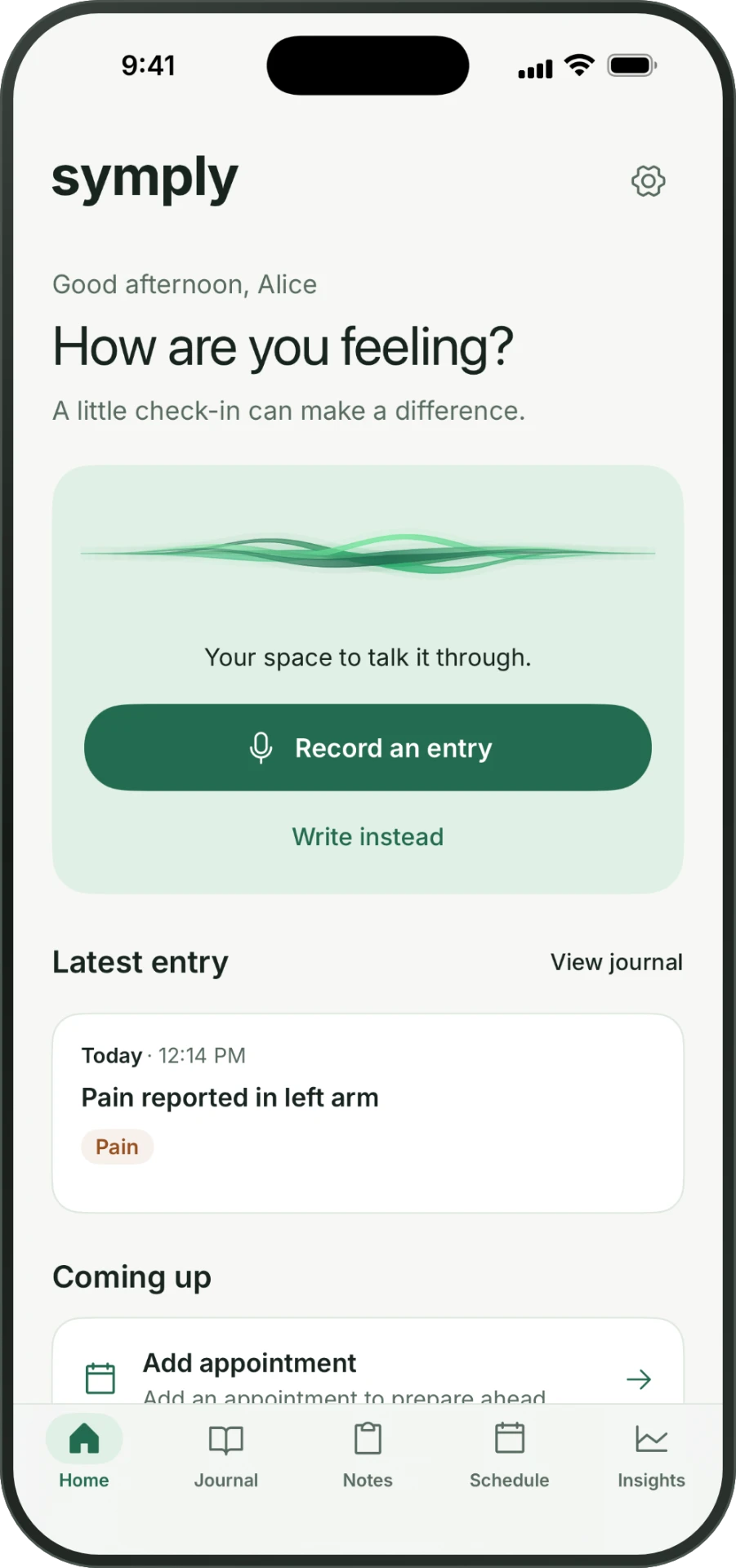 Symply home screen ready for a daily health check-in