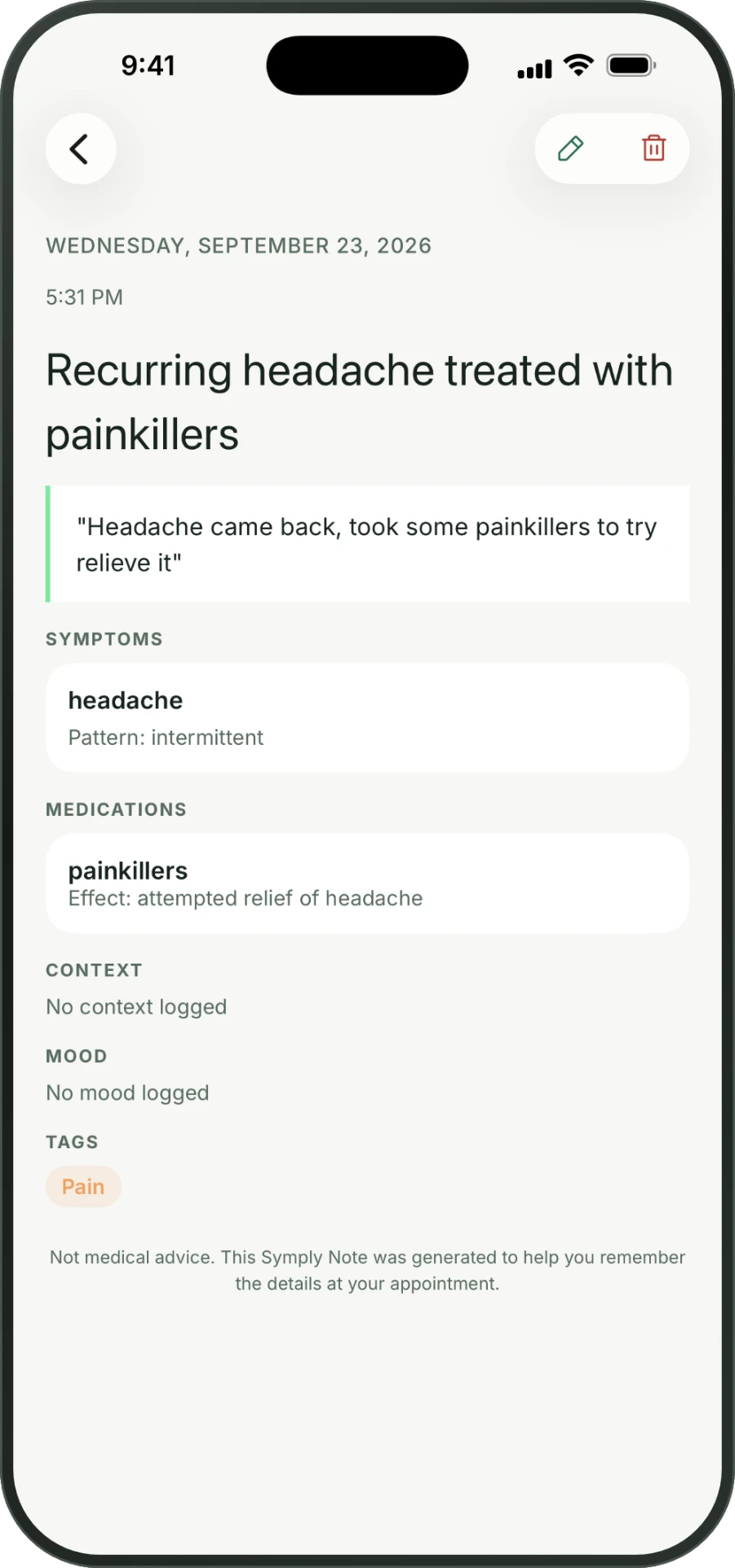 A Symply journal entry organised into symptoms, medication, context and mood