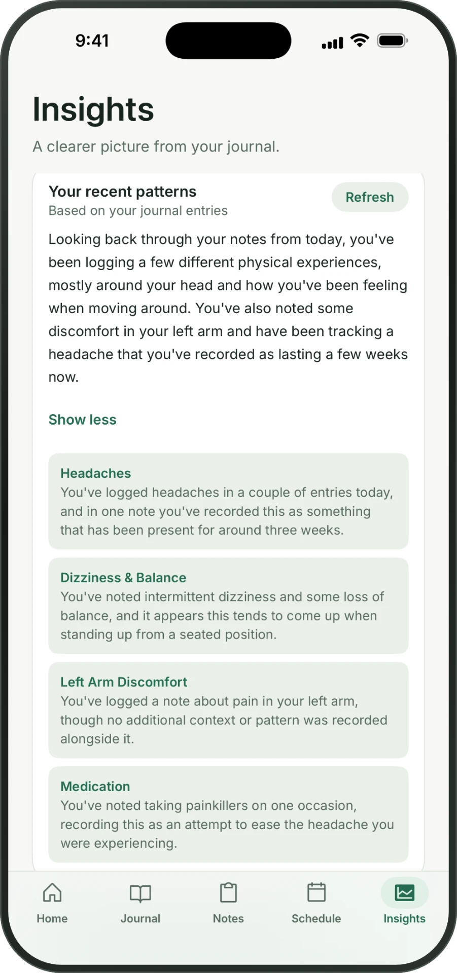 Symply insights showing recent patterns from journal entries