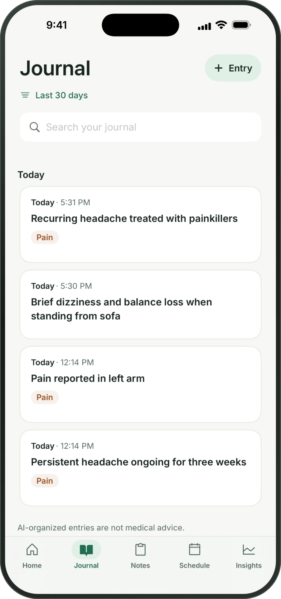 Searchable Symply health journal with recent entries